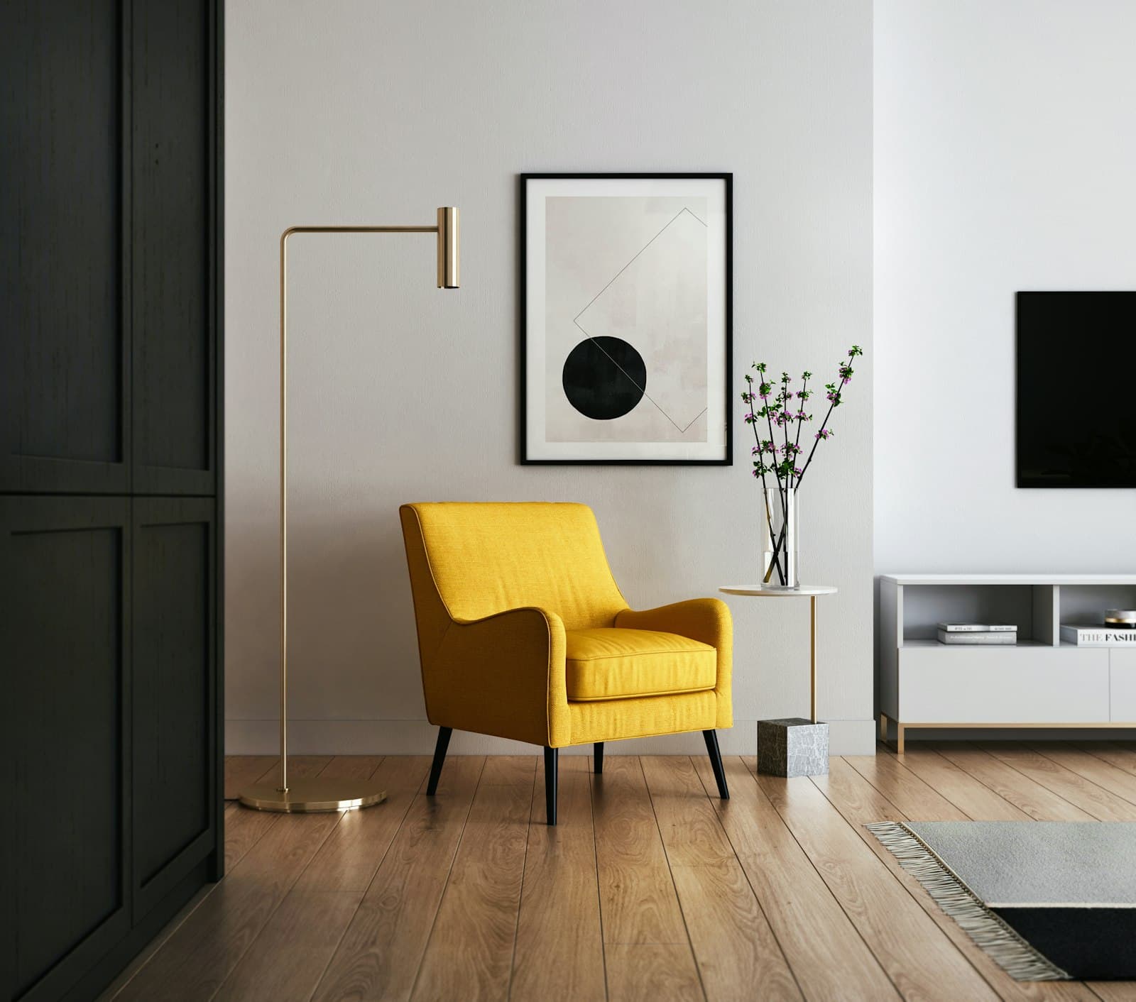Bright, tidy living room with a yellow armchair